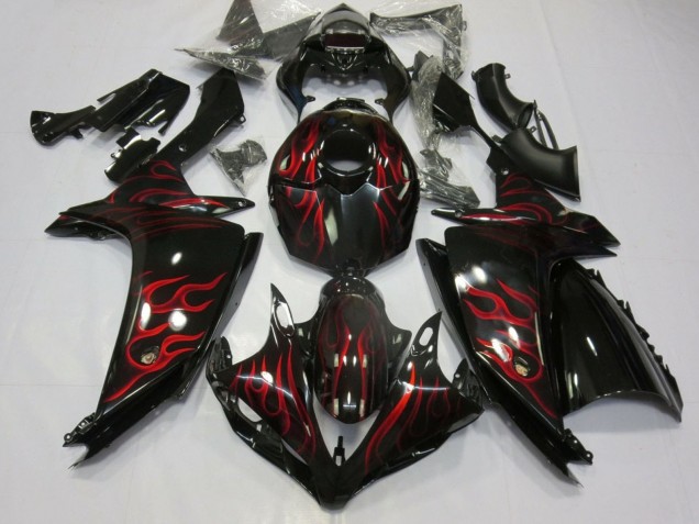 2007-2008 Yamaha YZF 1000 R1 Motorcycle Fairings - Glossy Black Red Flame Australia