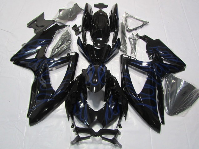 2008-2010 Suzuki GSXR 600 Motorcycle Fairings - Glossy Black Blue Flame Australia