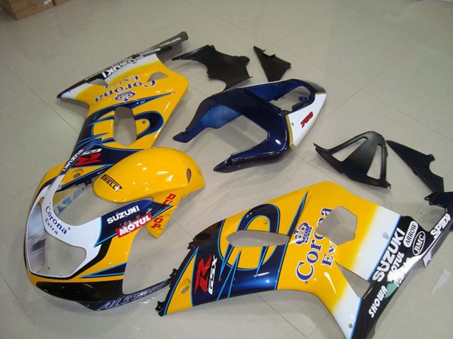 2001-2003 Suzuki GSXR 750 Motorcycle Fairings - Yellow White Blue Alstare Corona Extra Motul Australia
