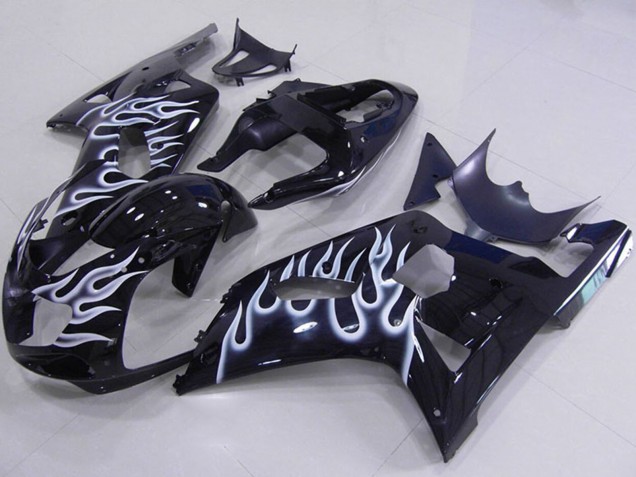 2001-2003 Suzuki GSXR 750 Motorcycle Fairings - Glossy Black White Flame Australia