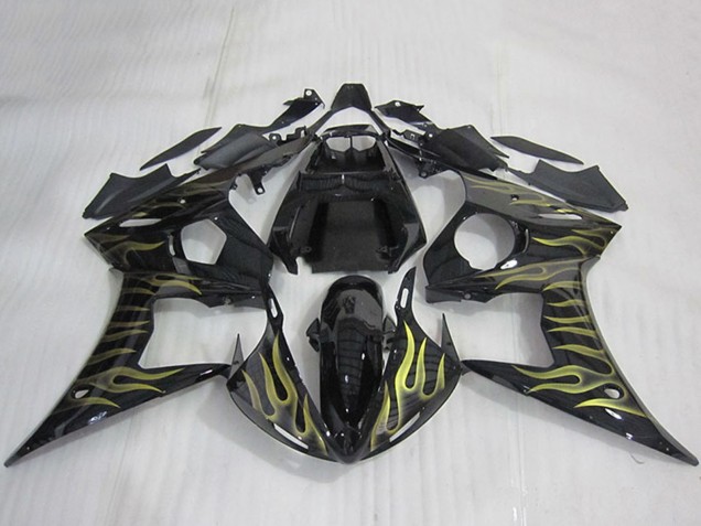 2003-2004 Yamaha YZF R6 Motorcycle Fairings - Glossy Black Gold Flame Australia