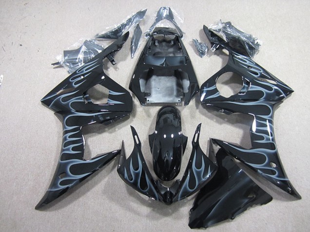2003-2004 Yamaha YZF R6 Motorcycle Fairings - Glossy Black Silver Flame Australia