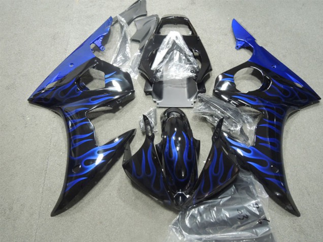 2003-2004 Yamaha YZF R6 Motorcycle Fairings - Glossy Black Blue Flame Australia