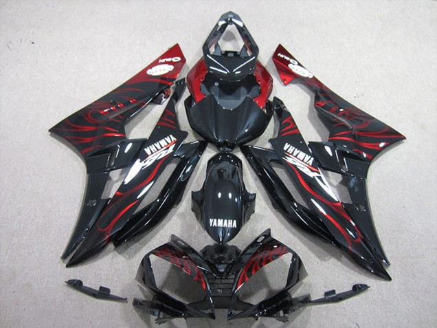 2006-2007 Yamaha YZF R6 Motorcycle Fairings - Glossy Black Red Flame Australia